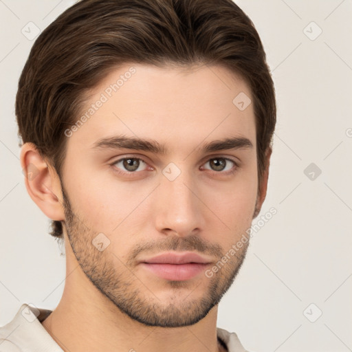 Neutral white young-adult male with short  brown hair and brown eyes