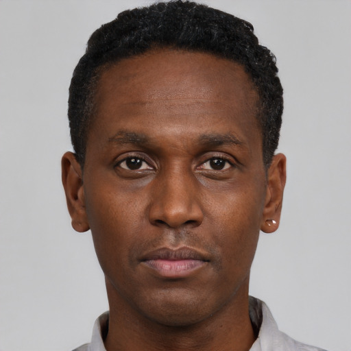 Neutral black young-adult male with short  black hair and brown eyes