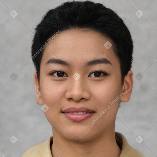 Joyful asian young-adult female with short  black hair and brown eyes
