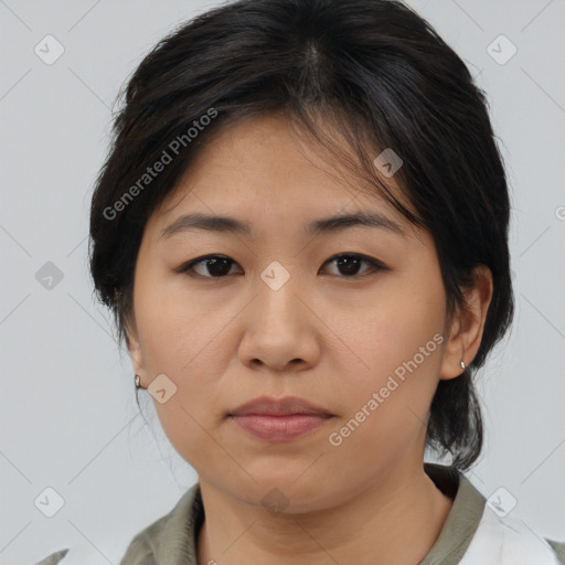 Neutral asian young-adult female with medium  brown hair and brown eyes