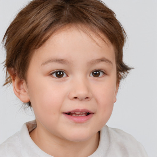 Joyful white child female with short  brown hair and brown eyes