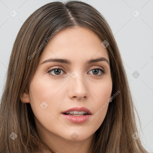 Neutral white young-adult female with long  brown hair and brown eyes