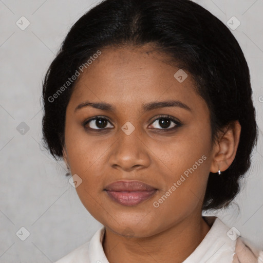 Joyful black young-adult female with medium  brown hair and brown eyes