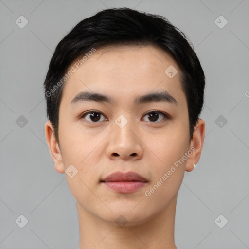 Neutral asian young-adult male with short  black hair and brown eyes