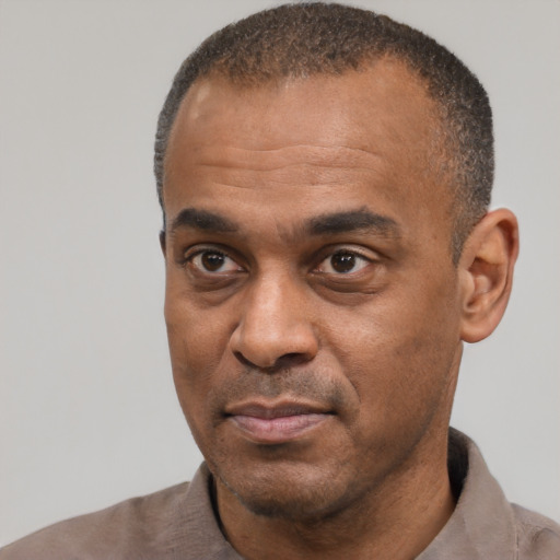 Neutral latino adult male with short  black hair and brown eyes