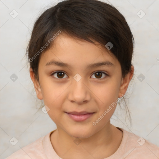 Joyful white child female with medium  brown hair and brown eyes