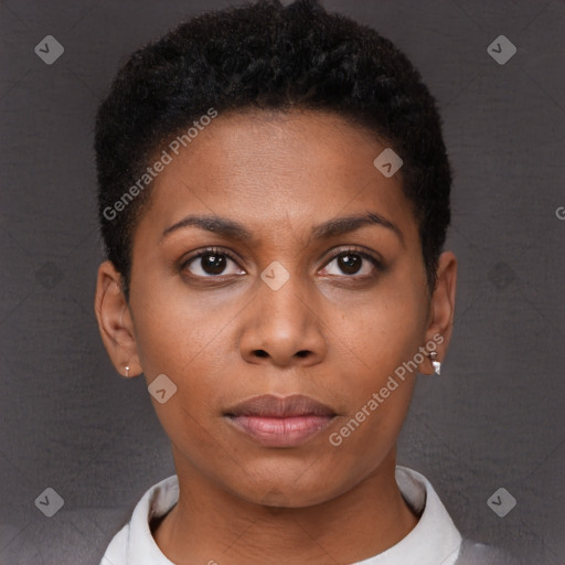 Neutral black young-adult female with short  brown hair and brown eyes