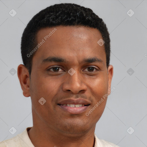 Joyful latino young-adult male with short  brown hair and brown eyes