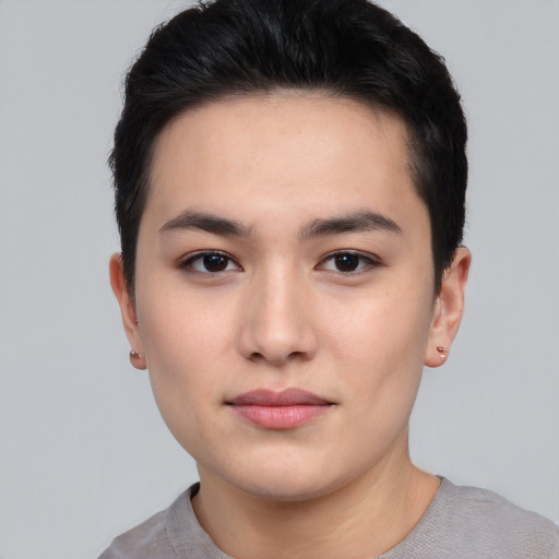 Neutral asian young-adult male with short  black hair and brown eyes