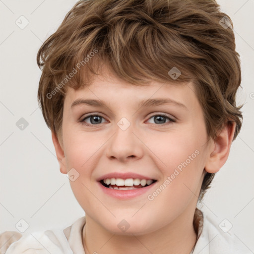 Joyful white child female with short  brown hair and brown eyes