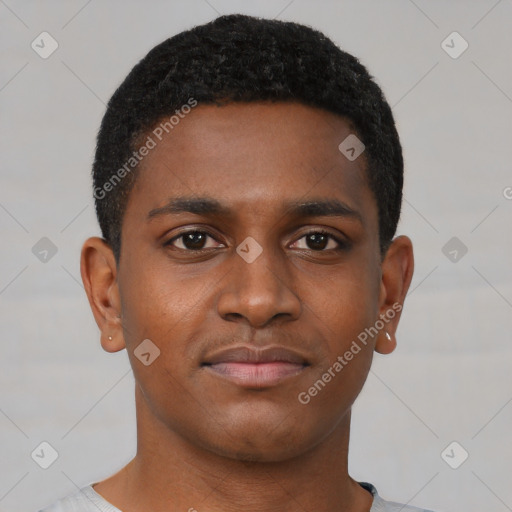 Neutral black young-adult male with short  black hair and brown eyes