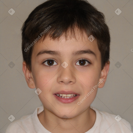 Joyful white child male with short  brown hair and brown eyes