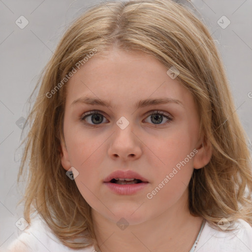 Neutral white child female with medium  brown hair and blue eyes