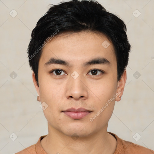 Neutral asian young-adult male with short  black hair and brown eyes