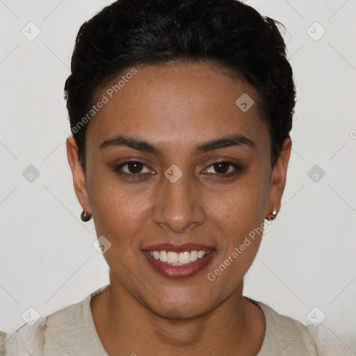 Joyful latino young-adult female with short  black hair and brown eyes