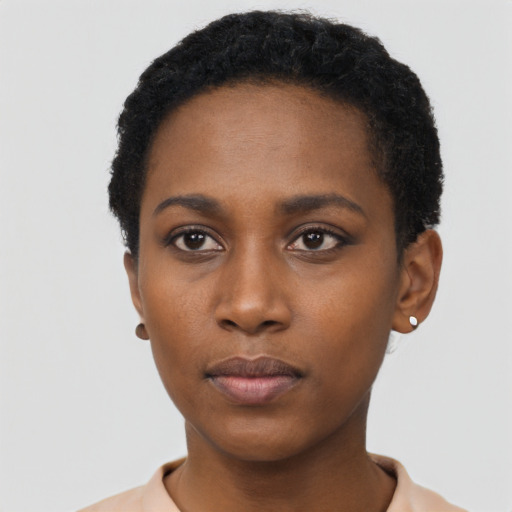 Neutral black young-adult female with short  black hair and brown eyes