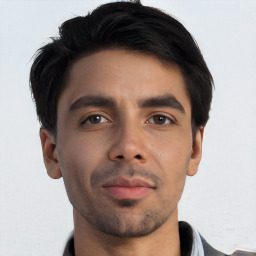 Neutral white young-adult male with short  black hair and brown eyes