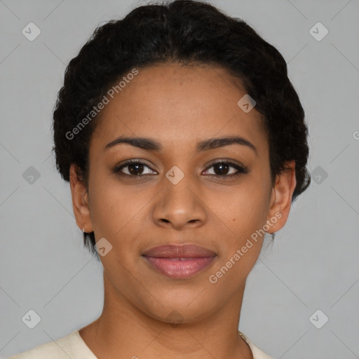 Joyful latino young-adult female with short  black hair and brown eyes