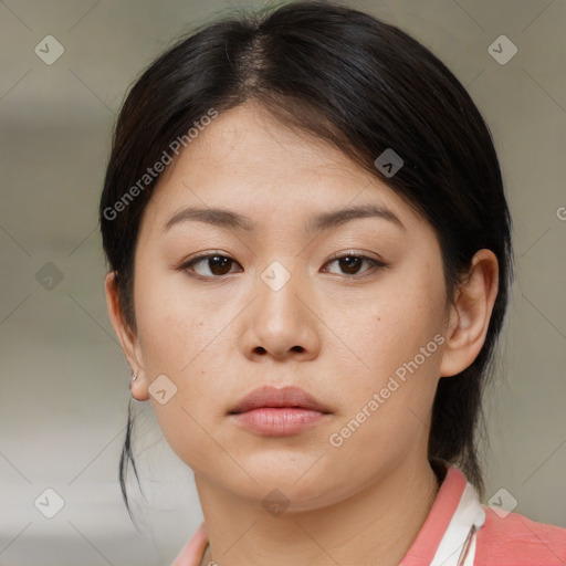 Neutral white young-adult female with medium  brown hair and brown eyes