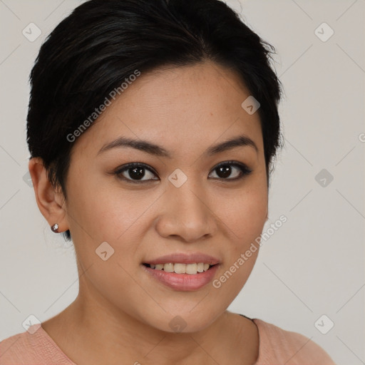 Joyful asian young-adult female with short  brown hair and brown eyes