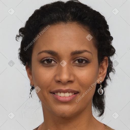 Joyful latino young-adult female with short  brown hair and brown eyes