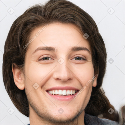 Joyful white young-adult female with long  brown hair and grey eyes