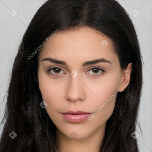 Neutral white young-adult female with long  brown hair and brown eyes