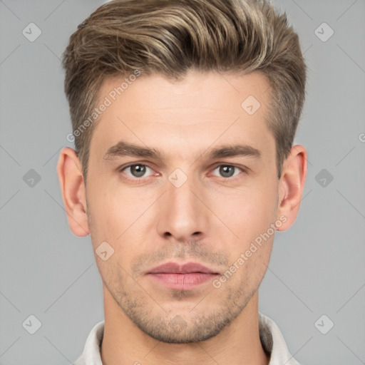 Neutral white young-adult male with short  brown hair and brown eyes