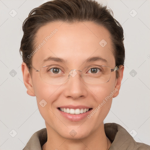 Joyful white adult female with short  brown hair and grey eyes