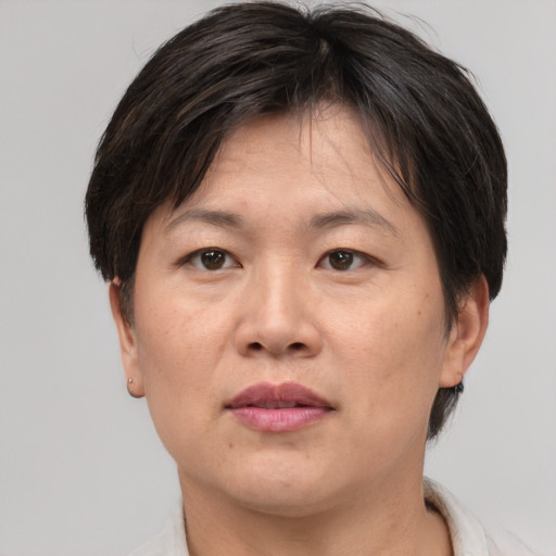 Joyful asian adult female with short  brown hair and brown eyes