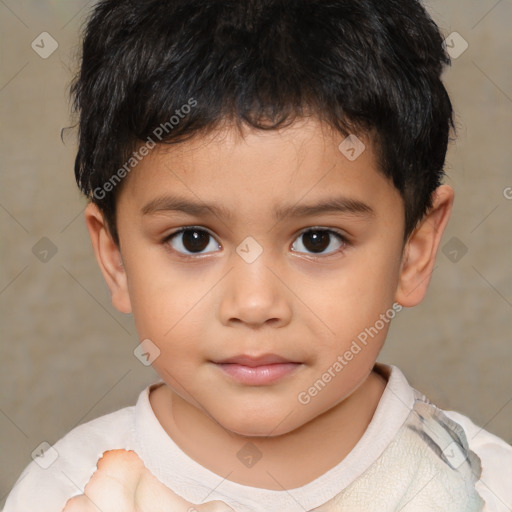 Joyful white child male with short  brown hair and brown eyes