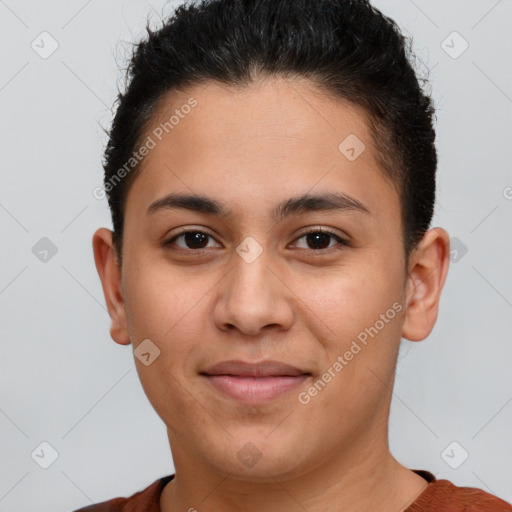 Joyful white young-adult female with short  brown hair and brown eyes