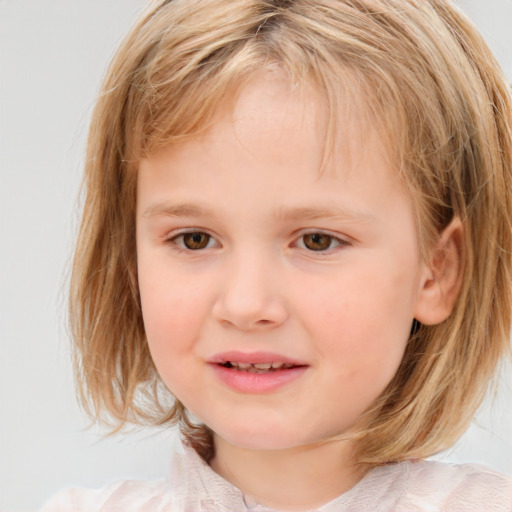 Joyful white child female with medium  brown hair and blue eyes