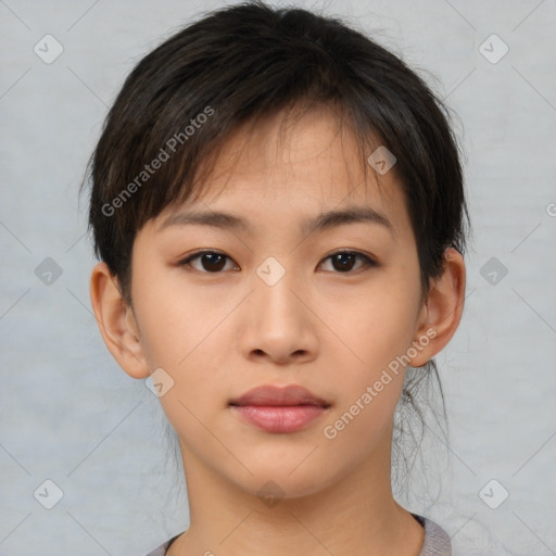 Neutral asian young-adult female with short  brown hair and brown eyes