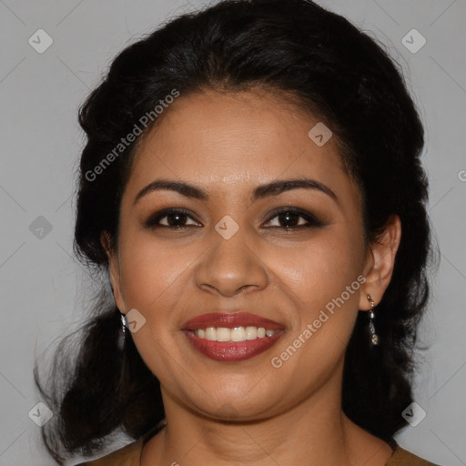 Joyful latino young-adult female with medium  brown hair and brown eyes