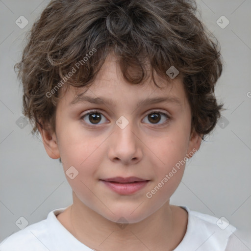 Joyful white child male with short  brown hair and brown eyes