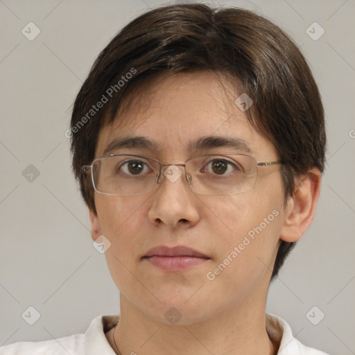 Neutral white adult female with short  brown hair and brown eyes