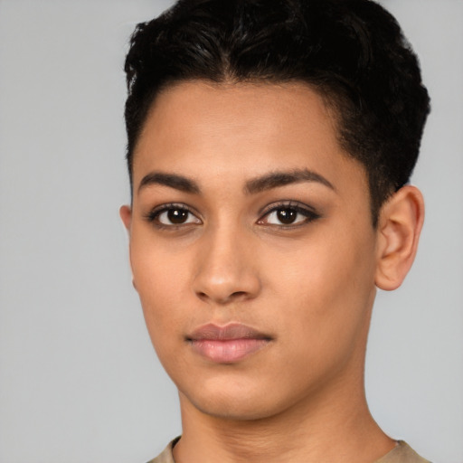 Neutral latino young-adult female with short  black hair and brown eyes