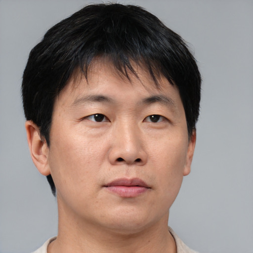 Neutral asian adult male with short  brown hair and brown eyes