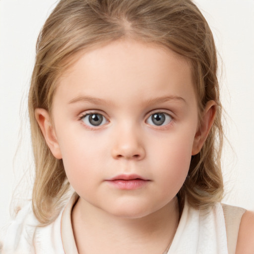 Neutral white child female with medium  brown hair and blue eyes