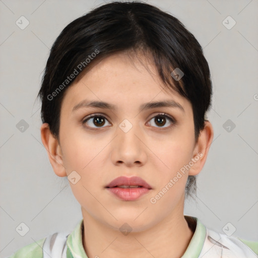 Neutral white young-adult female with medium  brown hair and brown eyes