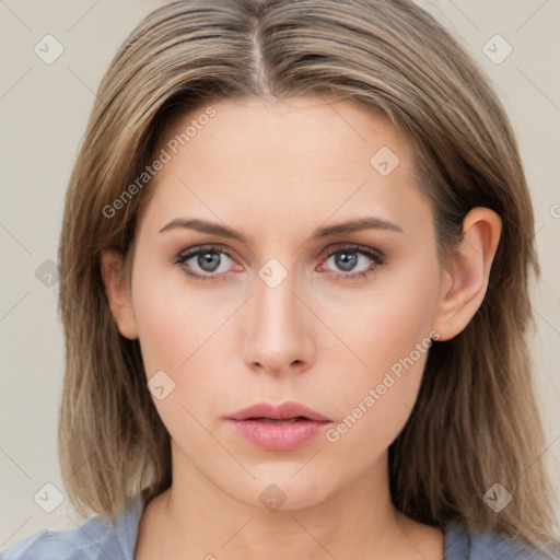 Neutral white young-adult female with medium  brown hair and grey eyes