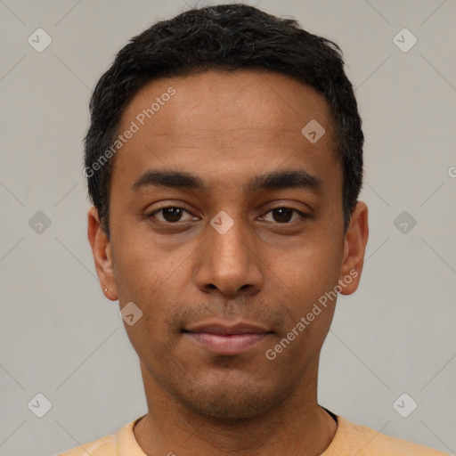Neutral latino young-adult male with short  black hair and brown eyes
