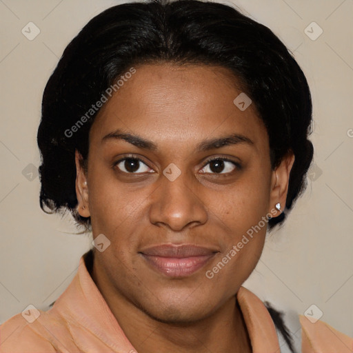 Joyful black young-adult female with medium  brown hair and brown eyes