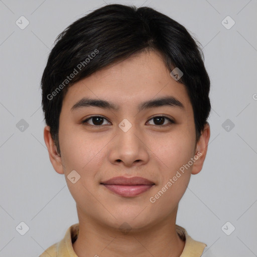 Joyful asian young-adult female with short  brown hair and brown eyes