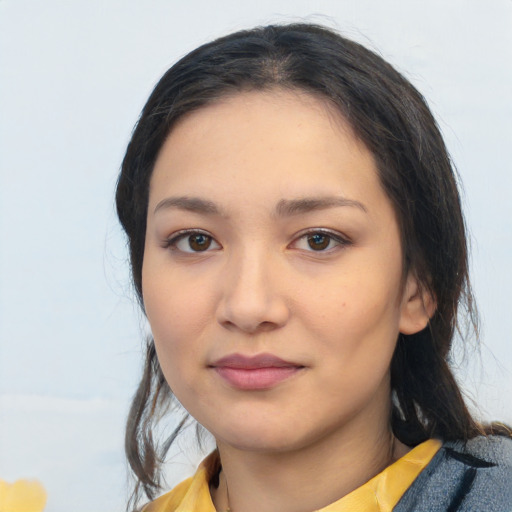 Neutral white young-adult female with medium  black hair and brown eyes