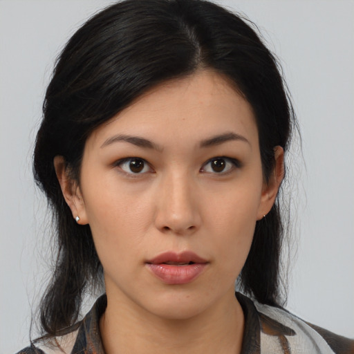 Neutral asian young-adult female with medium  black hair and brown eyes