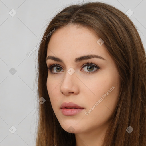 Neutral white young-adult female with long  brown hair and brown eyes