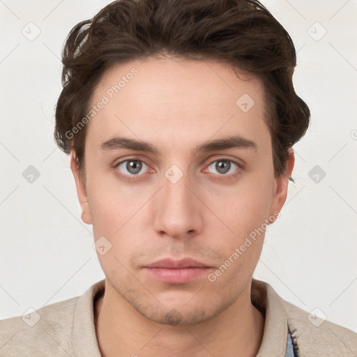 Neutral white young-adult male with short  brown hair and grey eyes