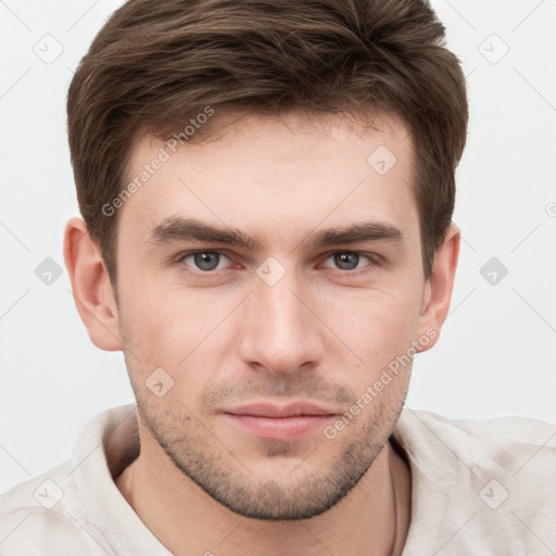 Neutral white young-adult male with short  brown hair and grey eyes